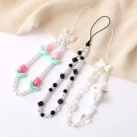 Catena per Cellulare in Perline Fatta a Mano Simpatico Coniglio Cordino in Perla Artificiale Tulipano Fiore Cuore Fiocco Portachiavi Charm per Donna Cinturino Anti-Caduta per Fotocamera