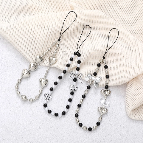 Handmade Heart Beaded Phone Chain Speckled Bowknot Alloy Acrylic Artificial Pearl Y2K Aesthetic Phone Strap For Women