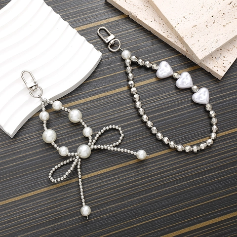 Elegante Ciondolo per Cellulare con Perle Artificiali Cuore Fiocco Fatto a Mano Ciondolo per Borsa Accessorio per Portachiavi Donna Ragazza