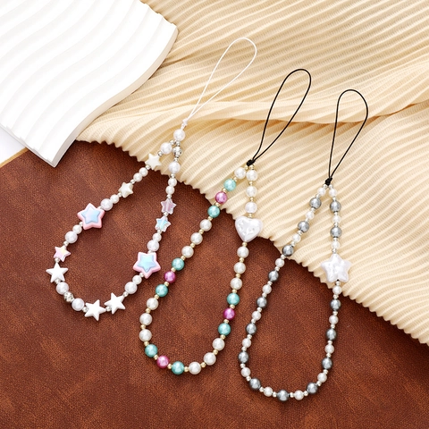 Handmade Beaded Phone Strap Cute Faux Artificial Pearl Heart Star Keychain Aesthetic Phone Charm Lanyard For Women Phone Case Accessory