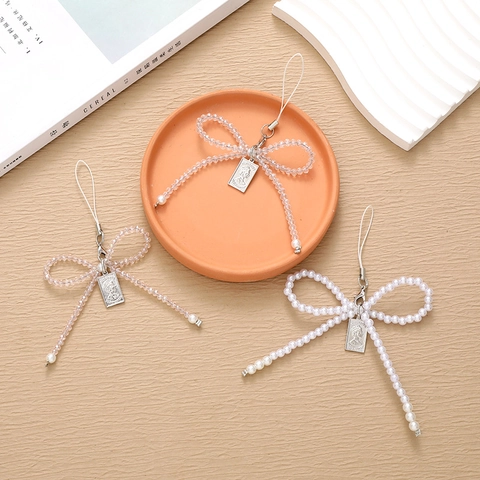 Llavero de Lazo con Cuentas Hechas a Mano con Colgante de Retrato Perla Artificial Cristal Vidrio Encanto para Mujer Accesorios de Bolso