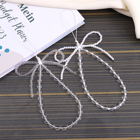 Handmade Beaded Bow Phone Chain Acrylic Artificial Pearl Bowknot Lanyard Anti-lost Mobile Phone Strap For Women Bag Charm Keyring