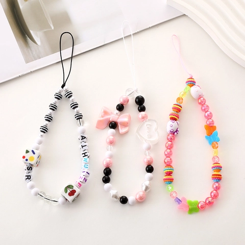 Handmade Beaded Phone Lanyard Charm Sweet Cool Style Bow Heart Cherry Pattern Decorative Phone Case Accessory For Women