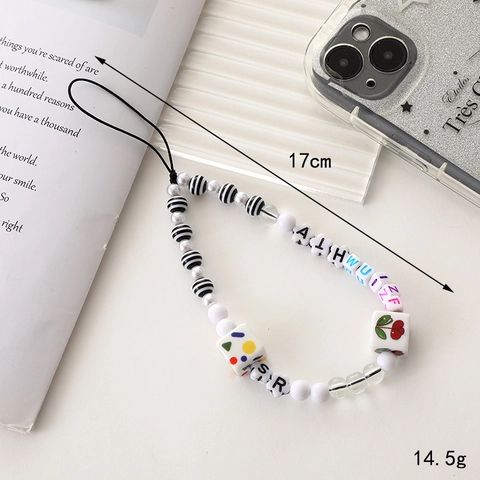 Colgante para Teléfono de Cuentas Acrílicas Corazón Lazo Cereza Letra Color Macarrón Cordón Anti-Caída para Mujeres Niñas
