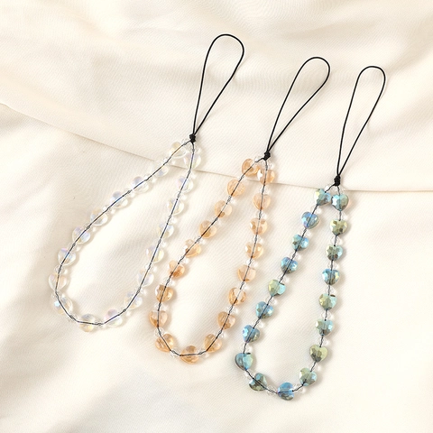 Luxury Heart Shaped Beaded Phone Charm Strap For Women Sweet Acrylic Crystal Beads Mobile Phone Case Hanging Decor Accessory