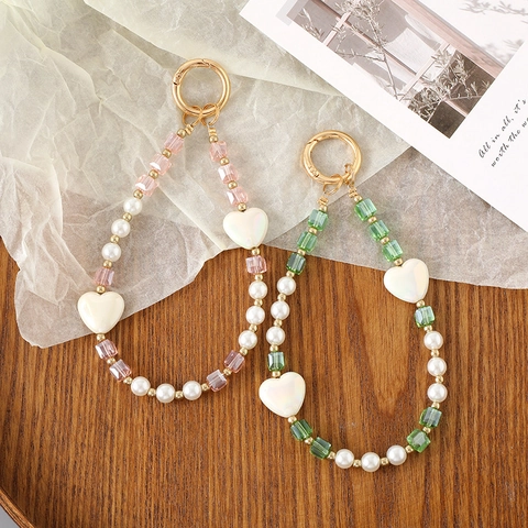 Handmade Crystal Heart Beaded Phone Charm Fashion Artificial Pearl Keychain Zinc Alloy Bag Pendant For Women Accessories