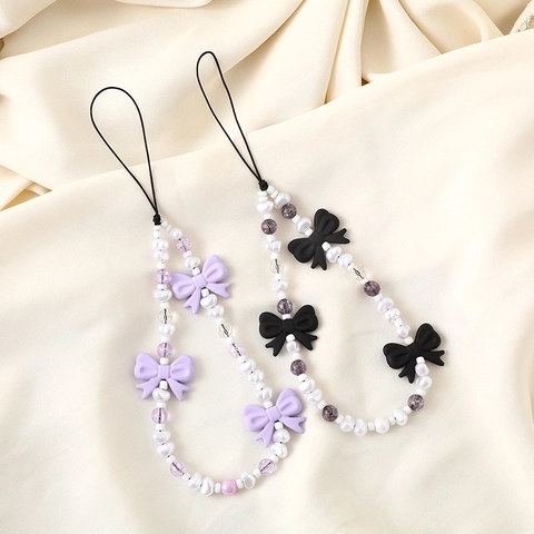 Handgefertigte Perlen Handykette Mit Künstlichen Perlen Harz Schleife Herz Anhänger Süße Frische Handy Lanyard Strap Für Damen
