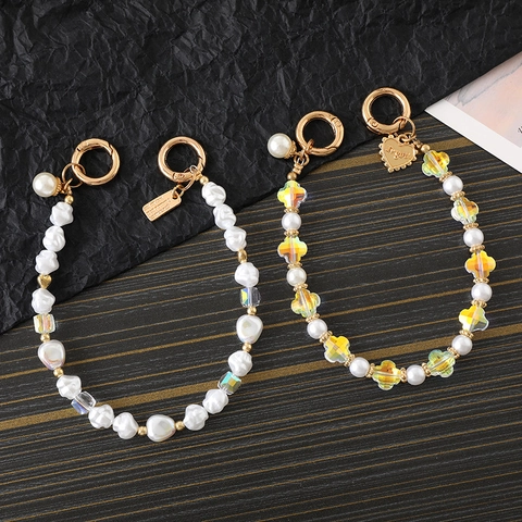 Ciondolo per Borsa con Perle Artificiali Irregolari Chiusura in Lega di Metallo Pendente a Cuore Fiore di Cristallo Catena per Cellulare