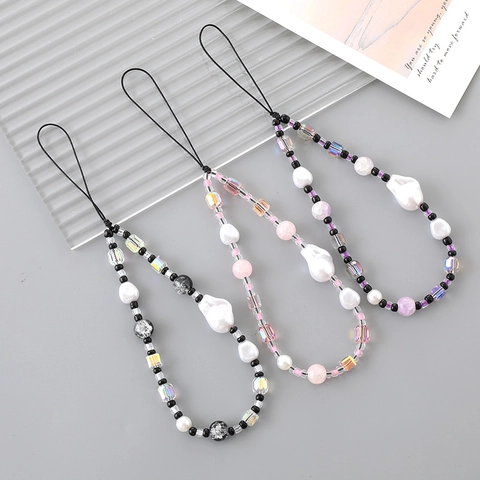 Fashion Handmade Artificial Pearl Beaded Phone Lanyard Strap For Women Crystal Multifaceted Beads Anti-Lost Keychain Mobile Phone Shell Decoration Accessory