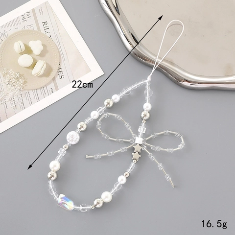 Dulce Cadena De Teléfono Con Cuentas Lazo De Perlas Artificiales Estrella Cordón De Teléfono Correa De Muñeca Anti-Perdida Dije De Acrílico Para Accesorios De Teléfono De Mujer