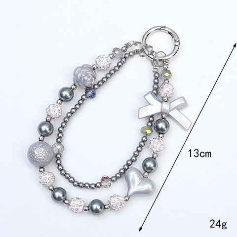 Portachiavi con Perline a Doppia Catena con Fiocco e Cuore da Donna Ciondolo per Borsa in Perle Artificiali e Strass Accessori