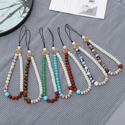 Catena per Cellulare in Bodhi di Giada Bianca Nuovo Stile Cinese Donna Cordino in Pietra Naturale Pendente per Fotocamera Borsa Etnico