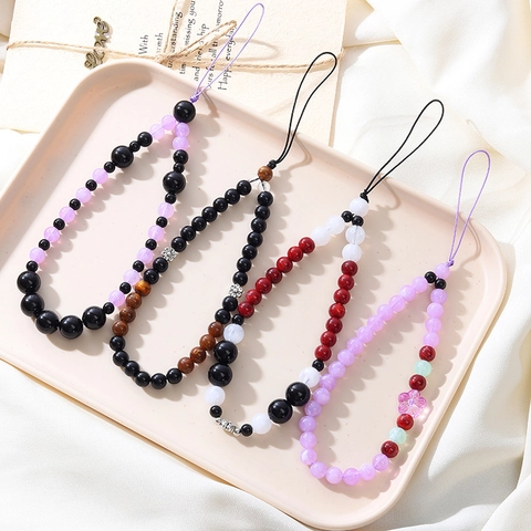 Handmade Beaded Phone Lanyard Strap For Women Chinese Style Purple Jade Agate Beads Anti-Lost Wrist Cord Flower Case Charm