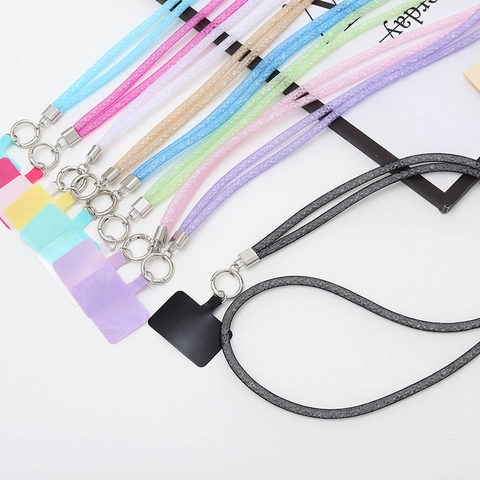 Shiny Glitter Net Rope Crossbody Phone Lanyard With Metal Ring And Tether Tab Plastic Resin Rhinestone Shoulder Strap Phone Chain For Women