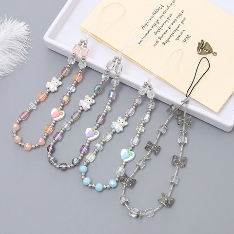 Cute Cartoon Bear Beaded Phone Charm Acrylic Heart Carrot Bow Pendant Phone Strap For Women Handmade Y2K Bag Hanging
