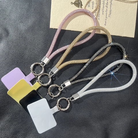 Luxury Sparkly Rhinestone Mesh Rope Phone Lanyard Wrist Strap With Metal Ring And Tether Tab Fashion Keychain For Women