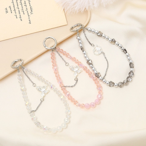 Llavero de Mariposa de Doble Cadena con Cuentas de Cristal Colgante de Bolsa de Teléfono para Mujer Cuentas de Corazón 15cm
