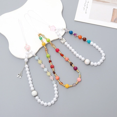 Handmade Beaded Phone Lanyard Acrylic Artificial Pearl Bow Flower Heart Phone Chain For Women Anti-Lost Wrist Strap Tech Accessory
