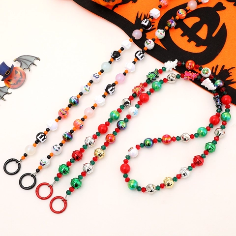 Halloween Christmas Beaded Phone Lanyard Acrylic Crossbody Chain Pumpkin Skull Bell Hanging Charm For Women Phone Decor