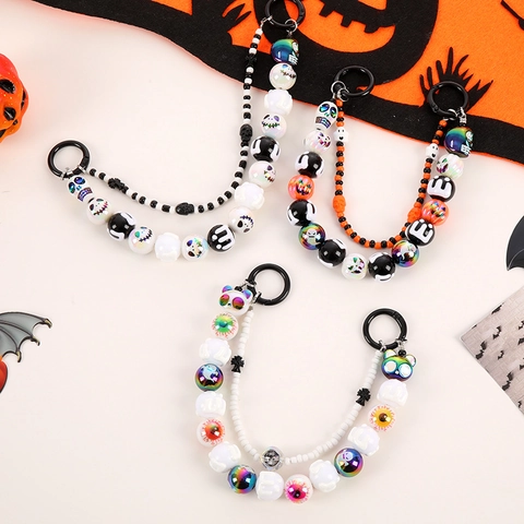 Halloween Beaded Hand Chain For Bags Phone Pumpkin Skull Eyeball Ghost Pattern Double Chain Festival Decoration Pendant