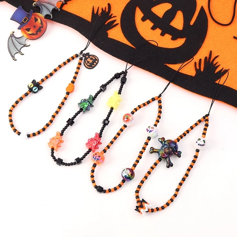 Catena per Cellulare in Perline di Halloween Zucca Spettrale Teschio Fantasma Ciondolo Cinturino Fotocamera Accessori Regalo