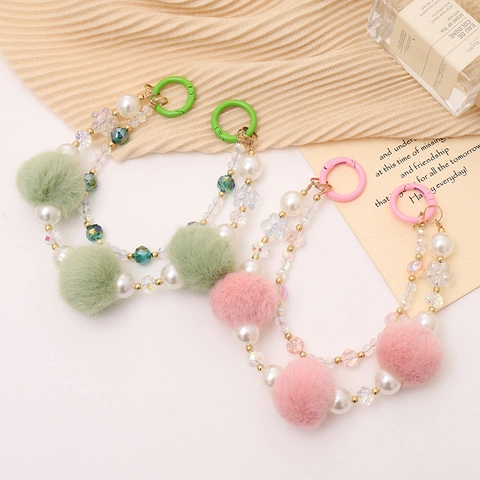Süße Doppel-Kette Plüschball Perlen Handyband Künstliche Perle Acryl Perle Schlüsselanhänger Taschenanhänger Koreanisches Zubehör