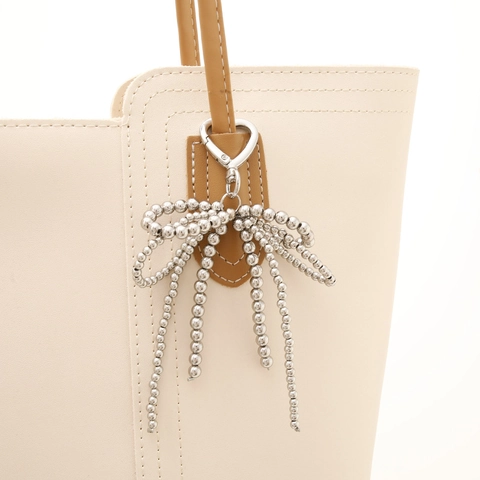 Bowknot Beaded Keychain Artificial Pearl Pink Crystal Silver Metal Bead Bag Charm Phone Lanyard Versatile Women Jewelry Accessory