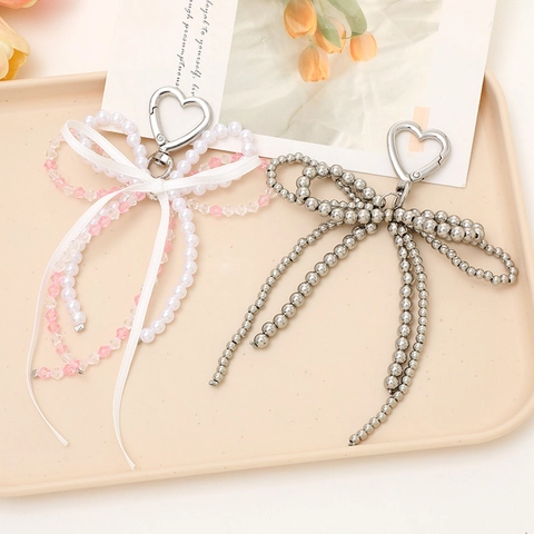 Bowknot Beaded Keychain Artificial Pearl Pink Crystal Silver Metal Bead Bag Charm Phone Lanyard Versatile Women Jewelry Accessory