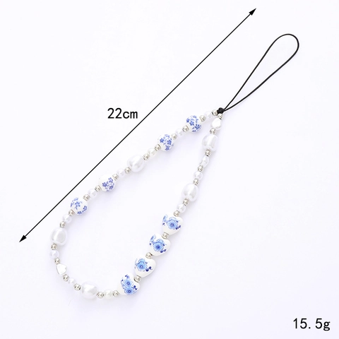 Cadena de Teléfono de Cuentas de Cerámica Estilo Chino Correa de Teléfono de Forma de Corazón con Perla Artificial