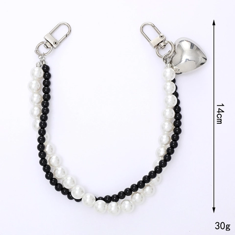 Korean Style Double Chain Beaded Bag Charm With Artificial Pearls Silver Heart Pendant Lanyard For Women Fashion Accessories