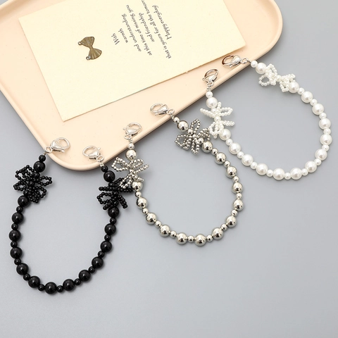 Beaded Bowknot Phone Chain Artificial Pearl Handheld Bag Strap With Metal Clasp Fashion Bag Accessories Gift For Women