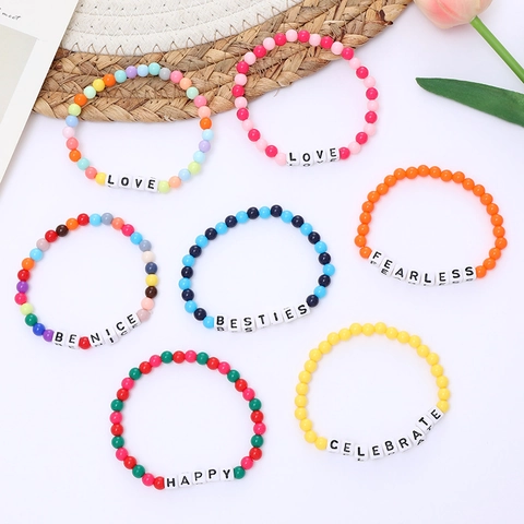 Handmade Colorful Acrylic Beaded Friendship Bracelet With White Square Letter Beads Love Happy Besties Words Elastic String Jewelry Gift