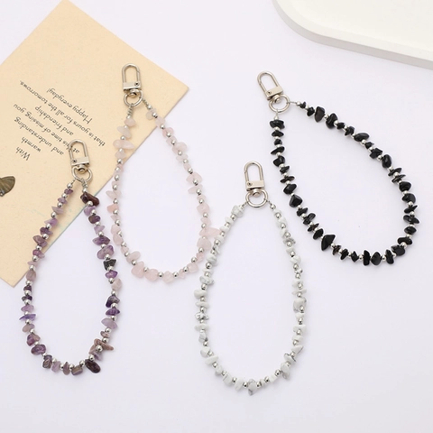 Natural Stone Chip Beaded Keychain Fashion Handmade Phone Lanyard Amethyst Rose Quartz Bag Charm For Women Gift