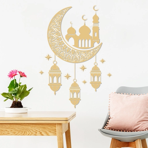 Adesivo da Parete Ramadan Eid Mubarak Oro Luna Moschea Stella PVC Rimovibile Decorazione Islamica Soggiorno Camera Letto
