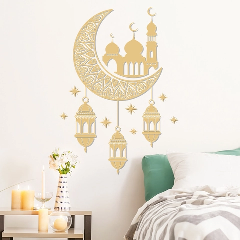 Adesivo da Parete Ramadan Eid Mubarak Oro Luna Moschea Stella PVC Rimovibile Decorazione Islamica Soggiorno Camera Letto
