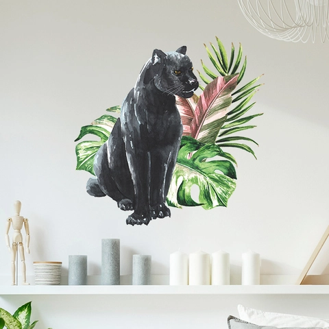 Adesivo da Parete a Forma di Leopardo Nero e Piante Tropicali in PVC Acquerello Animali e Foglie per Cameretta Bambini