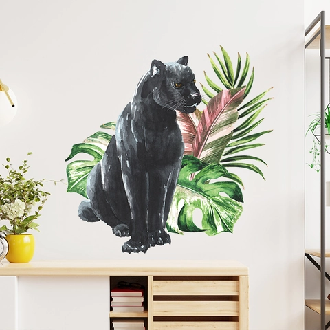 Adesivo da Parete a Forma di Leopardo Nero e Piante Tropicali in PVC Acquerello Animali e Foglie per Cameretta Bambini