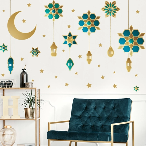 Pegatinas De Pared Ramadan Eid Mubarak Luna Estrellas Oro Linterna Turquesa Geométrico PVC Calcomanías Para Dormitorio Sala De Estar
