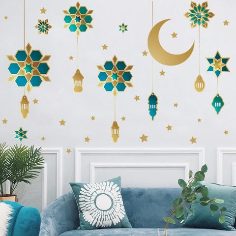 Pegatinas De Pared Ramadan Eid Mubarak Luna Estrellas Oro Linterna Turquesa Geométrico PVC Calcomanías Para Dormitorio Sala De Estar