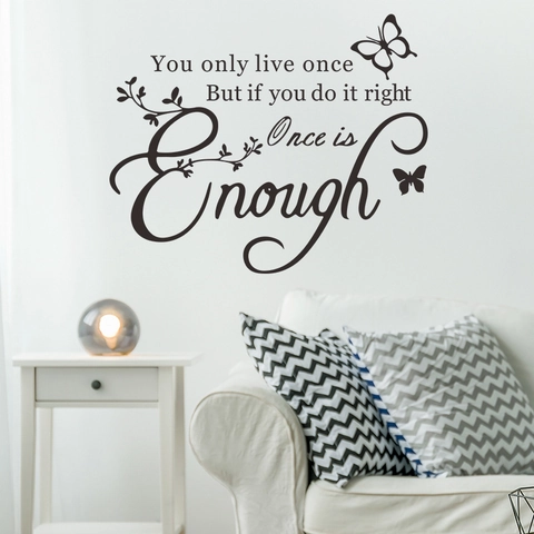 Sticker Mural Citation Inspirante You Only Live Once Lettrage PVC Noir Papillon Vigne Décalcomanie pour Chambre Maison