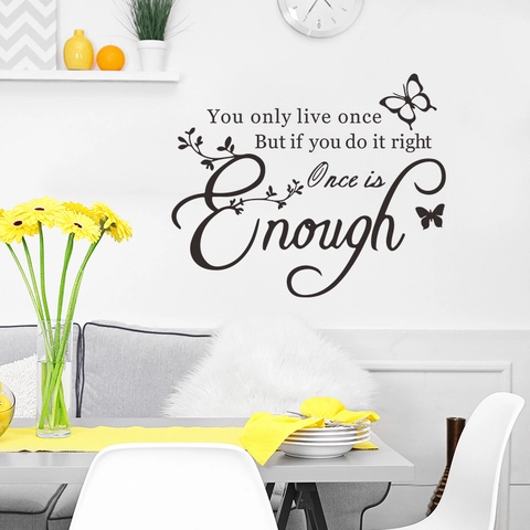 Sticker Mural Citation Inspirante You Only Live Once Lettrage PVC Noir Papillon Vigne Décalcomanie pour Chambre Maison
