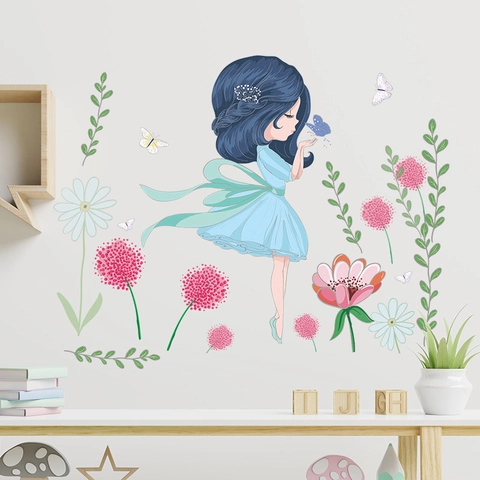 Cartoon Bloemenfee Muursticker Roze Hortensia Madeliefje Blad Vlinder PVC Sticker Voor Kinderkamer Huis Muurdecoratie
