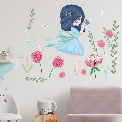 Cartoon Bloemenfee Muursticker Roze Hortensia Madeliefje Blad Vlinder PVC Sticker Voor Kinderkamer Huis Muurdecoratie