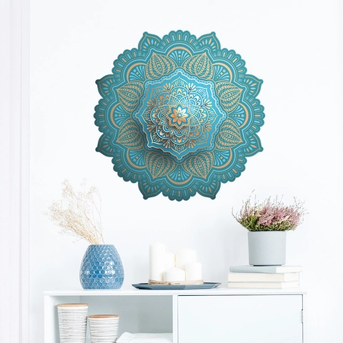Sticker Mural Mandala PVC Bleu Sarcelle Or Motif Géométrique Auto-adhésif Amovible pour Salon Chambre à Coucher Décor Maison