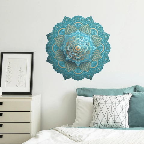 Sticker Mural Mandala PVC Bleu Sarcelle Or Motif Géométrique Auto-adhésif Amovible pour Salon Chambre à Coucher Décor Maison