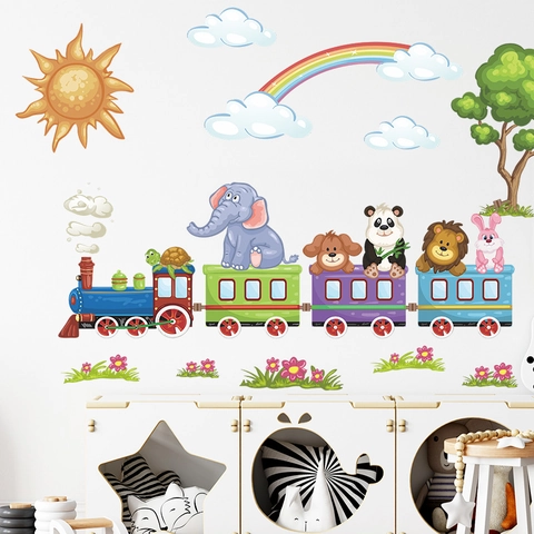 Cartoon Tier Zug Wandaufkleber Für Kinderzimmer Dekoration Regenbogen Sonne Wolke PVC Abnehmbare DIY Wandkunst Abziehbilder