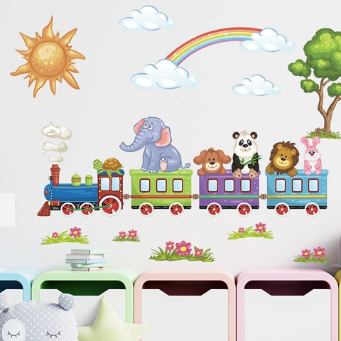 Cartoon Tier Zug Wandaufkleber Für Kinderzimmer Dekoration Regenbogen Sonne Wolke PVC Abnehmbare DIY Wandkunst Abziehbilder