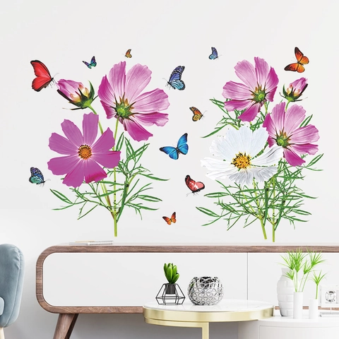 Vibranti Adesivi da Parete con Fiori di Cosmo e Farfalle Rosa Pesca in PVC Impermeabile Decorazioni Murali per Soggiorno Camera da Letto