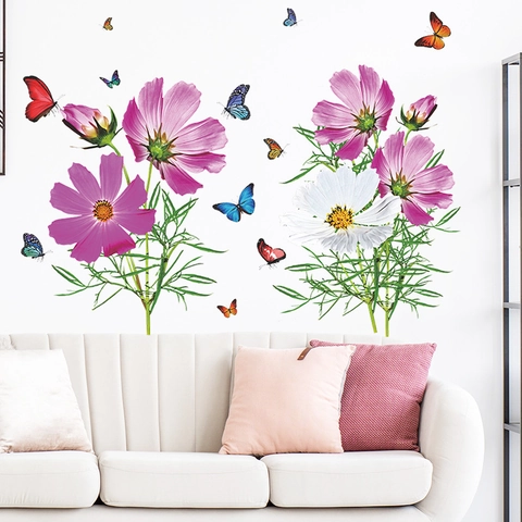 Vibranti Adesivi da Parete con Fiori di Cosmo e Farfalle Rosa Pesca in PVC Impermeabile Decorazioni Murali per Soggiorno Camera da Letto
