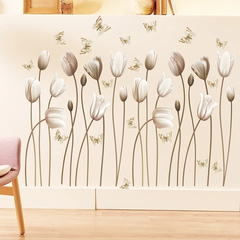 Elegantes Pegatinas de Pared de Tulipanes y Mariposas de PVC Autoadhesivas Calcomanías Florales para Sala de Estar Dormitorio Decoración del Hogar